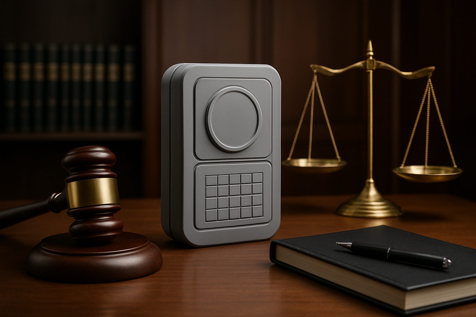 A gray product design prototype next to a gavel and scales of justice on a wooden desk